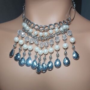 Faux Pearl Silvertone Bead Bib Necklace Statement